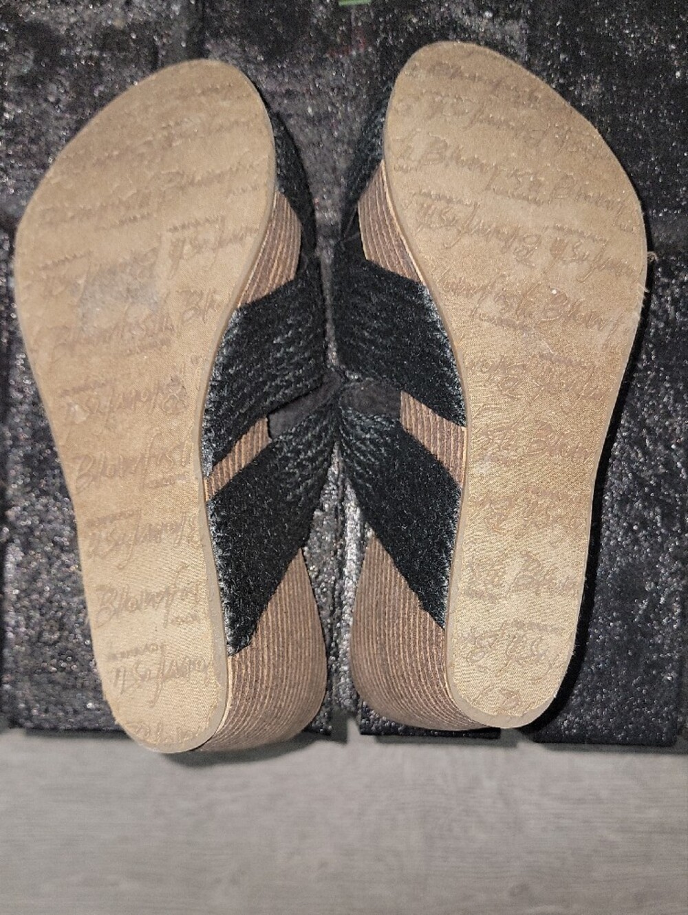 Black Woven Strap Wedge Sandals - Women's Slip-On - Picture 8 of 9